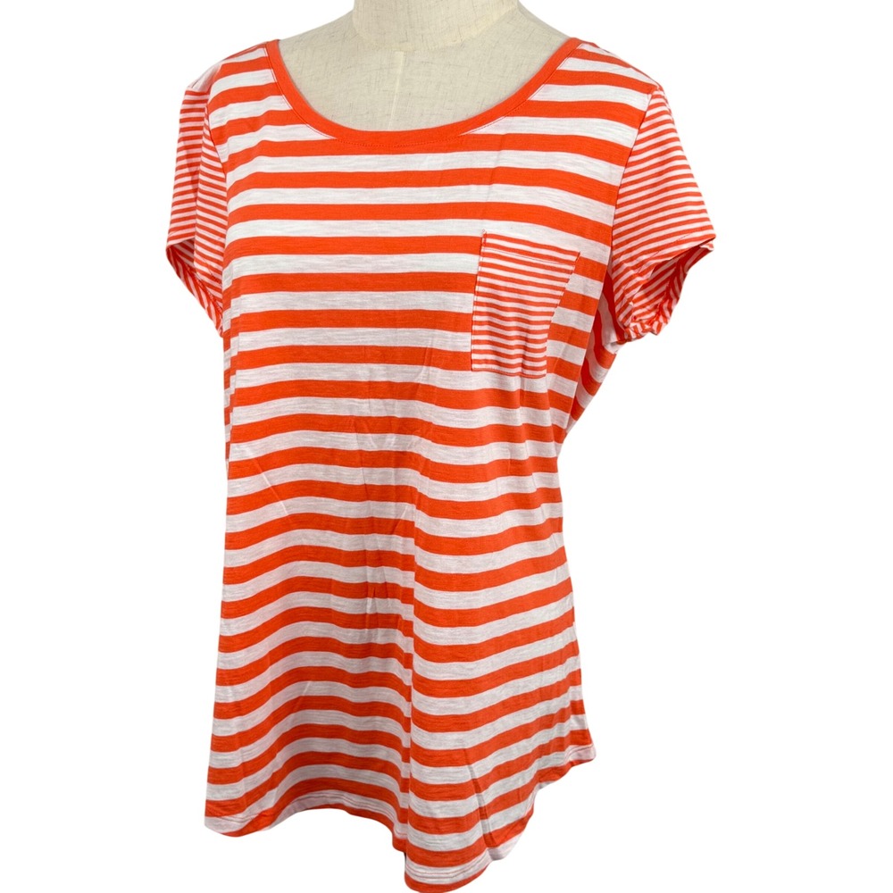 Lands End L Breton Striped T-Shirt Orange SS Pocket Tee Nautical Coastal EUC